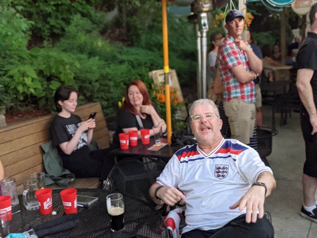 England soccer fan on Red Lion Patio